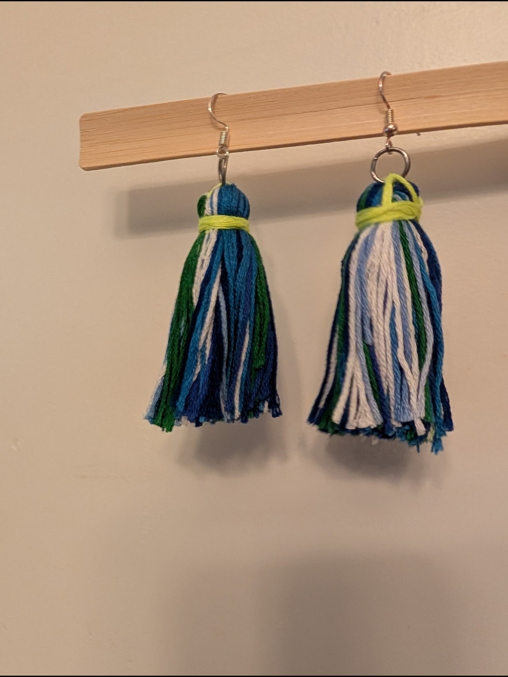 Handmade Blue, Green & White Tassel Earrings - Picture 2 of 2